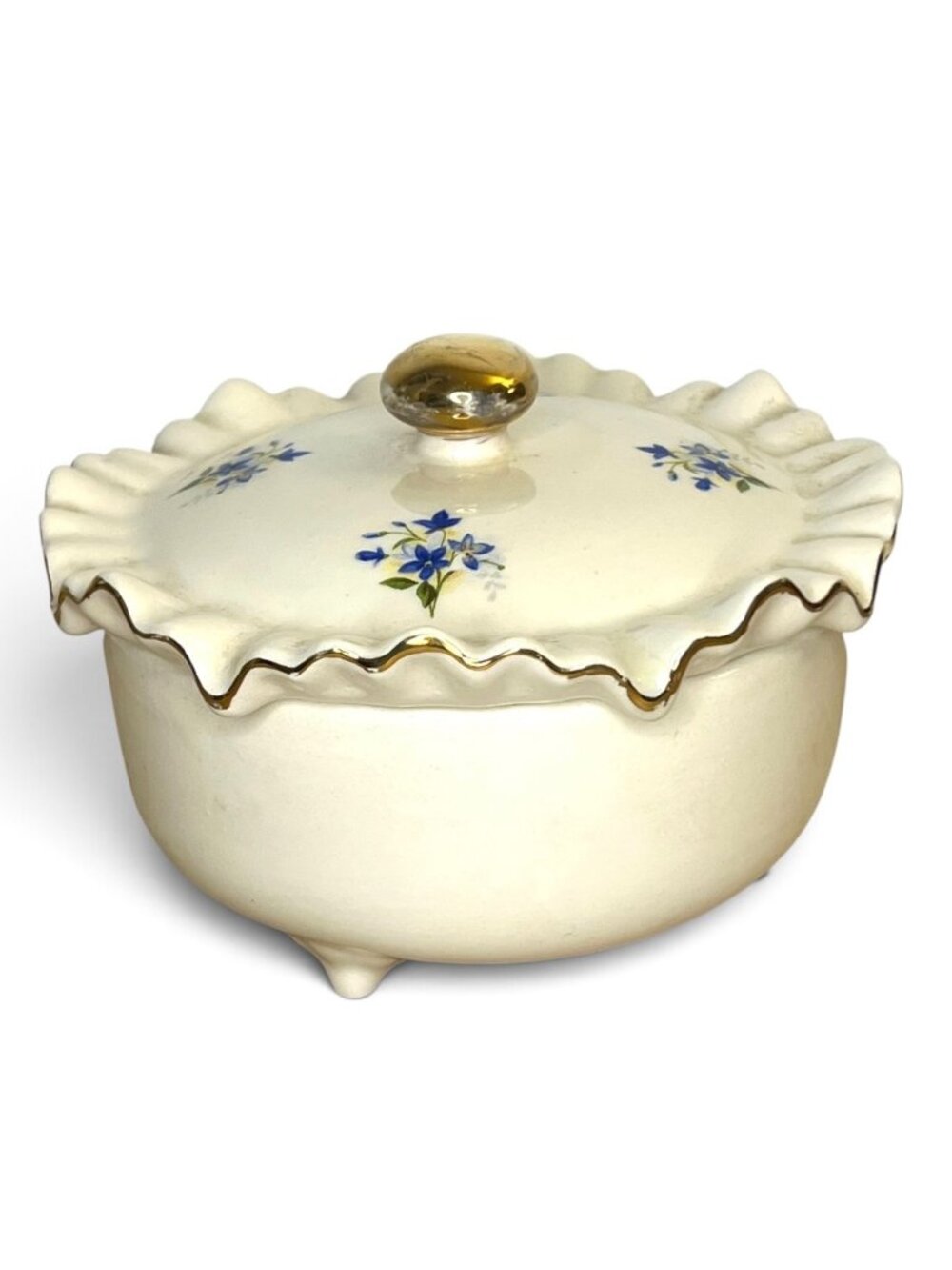 Vintage Hand-Painted Ceramic Floral Trinket Box with Ruffled Lid Mid Century
